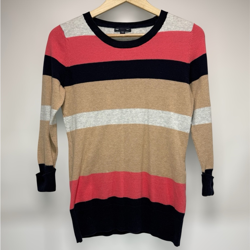 GAP Women's Striped Sweater - Coral, Beige, Navy 3/4 Sleeve Size Small